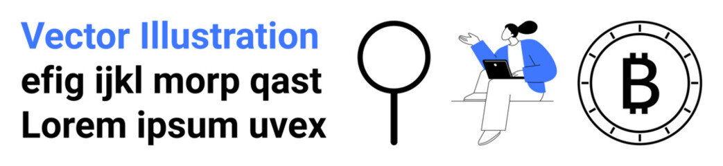 Magnifying glass, woman working on laptop, Bitcoin symbol, random text. Ideal for business, technology, cryptocurrency, analytics, research, finance digital trend Landing page