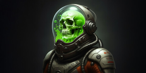 Skeleton in a Astronaut Space Suit filled with a Decaying Green Ooze Creating a Spooky Aura
