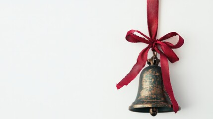 golden vintage bell with red ribbon against white background