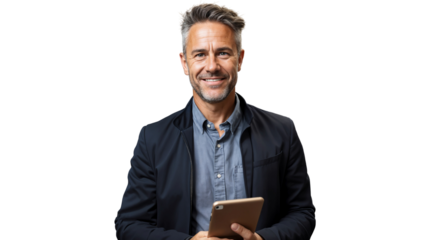 Portrait of a businessman holding a tablet for work, isolated on transparent background