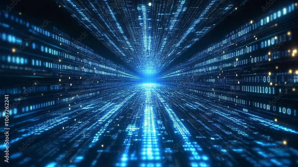 Aufkleber a futuristic image showcasing a tunnel of glowing blue data streams converging towards a bright cent