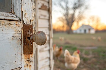 Rustic door handle with blurred farmhouse and free-range chickens at sunrise