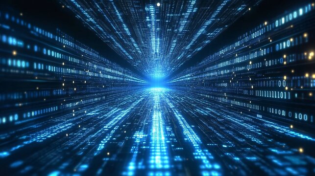 A futuristic image showcasing a tunnel of glowing blue data streams converging towards a bright center, evoking a sense of speed and technological advancement.