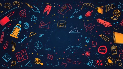 A colorful, illustrated collage featuring various school and office supplies on a dark background.