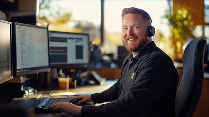 smiling call center agent wearing a headset, seated at a desk with multiple monitors