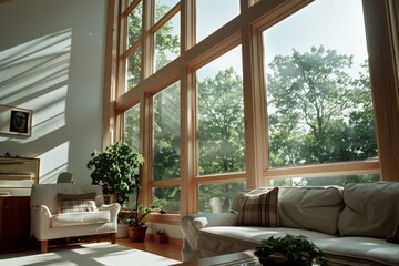 Fototapeta premium Sunlight filters through expansive windows, casting gentle shadows in a serene, modern living room dotted with green plants and cozy seating.