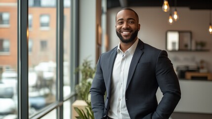 Fototapeta premium smiling real estate agent showing a modern apartment to prospective buyers, with large windows flooding the space with natural light, symbolizing personalized real estate services