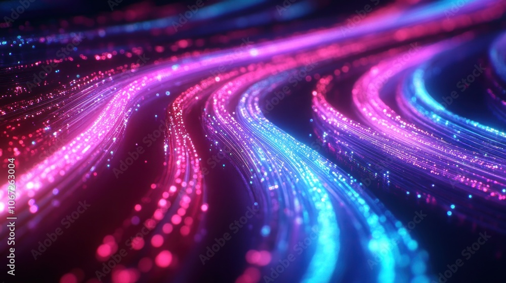 Poster vibrant flowing lines of light in pink and blue hues create a dynamic abstract composition.