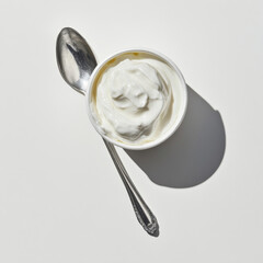 A freshly opened cup of Greek yogurt with a spoon, isolated on a white background, showing thick, creamy consistency