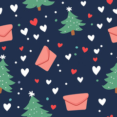 A cute Christmas-themed pattern with red envelopes, green Christmas trees, and white hearts, Tile