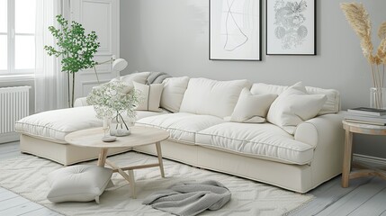 A living room with light gray walls, a sofa and coffee table