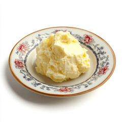 A small mound of clotted cream in a dish, isolated on a white background, emphasizing the rich, thick texture