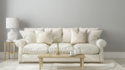 A living room with light gray walls, a sofa and coffee table 