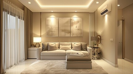 A simple and clean living room with beige walls, a sofa 