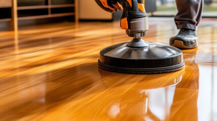 Floor Polishing Machine on Hardwood Floor with Reflections Cleaning Services