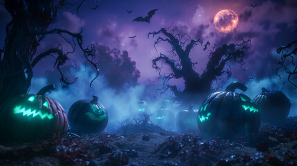 Obraz premium A cinematic photograph of a haunted pumpkin patch at night, oversized pumpkins with sinister faces carved deeply