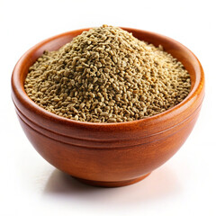 Ajwain seeds in a clay bowl, isolated on white background
