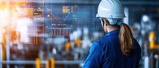 Technician monitoring biofuel production in a modern facility, digital data overlays on transparent screens, biofuel technician, renewable fuel production