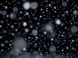 Fototapeta premium Snow falling gently on black background, creating a serene and magical atmosphere, falling