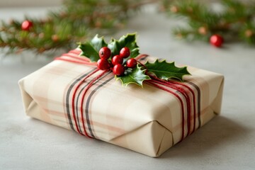 Christmas Gift Wrapped with Holly and Red Berry Decoration