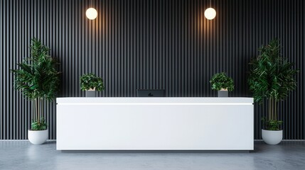 A modern reception area featuring a sleek white desk, potted plants, and wall-mounted lights against a dark striped wall.
