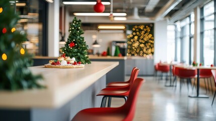 Obraz premium A modern cafe decorated for Christmas, featuring vibrant red chairs and festive greenery, creating a cozy holiday atmosphere.