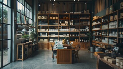 Cozy and organized store interior with shelves of products