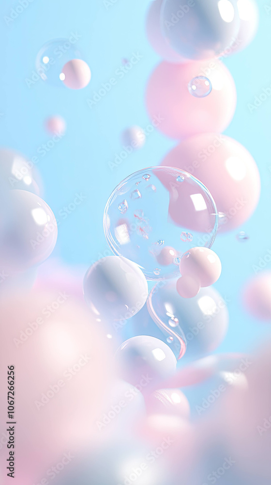 Aufkleber serene composition of pastel bubbles floating in soft blue background, creating calming and dreamy atmosphere. delicate interplay of light and color enhances tranquil feel
