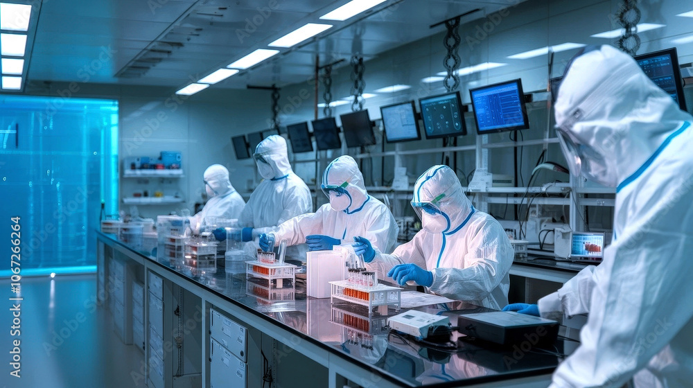 Poster a high-tech laboratory showcasing biosecurity measures with containment protocols, emphasizing prote