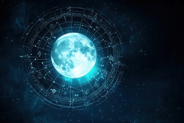 Astrological chart with a glowing full moon, celestial astrological symbols, and cosmic background.