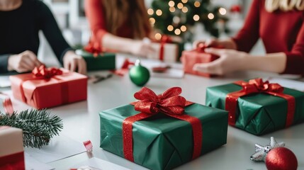 A festive scene featuring beautifully wrapped Christmas gifts on a table, surrounded by holiday decor and people preparing for celebrations.