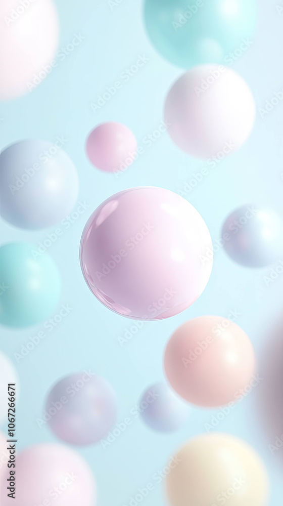 Poster Floating pastel spheres create serene and minimalistic atmosphere, showcasing elegance and tranquility in soft color palette