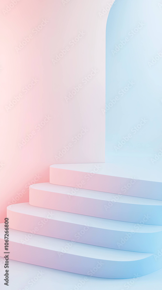 Poster soft pastel gradients create serene atmosphere in minimalistic 3d design featuring smooth, curved st