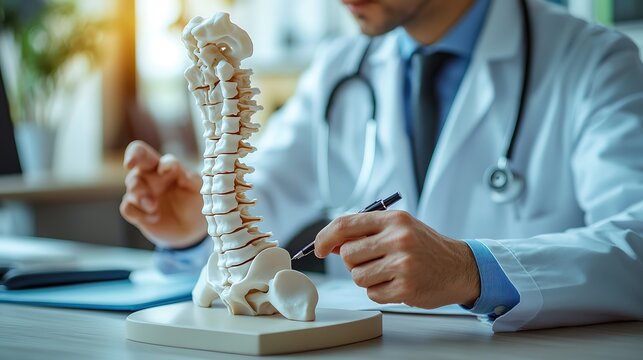 Closeup no face medical male doctor pointing on human spine model with a pen sitting in his office. Spinal healthcare and back pain treatment concept. Selective focus, copy space HD