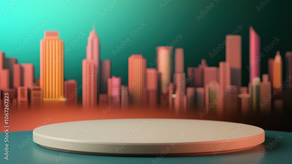 Poster a circular display platform in the foreground with a colorful city skyline background, creating a vi