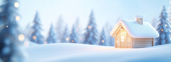 Fototapeta premium cozy cabin in snowy landscape, surrounded by tall evergreen trees, creates serene winter scene. Soft snowflakes fall gently, enhancing peaceful atmosphere
