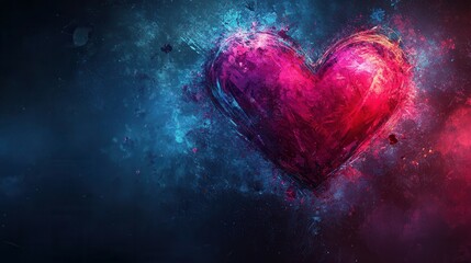 A striking heart shape emerges from a swirl of vibrant pink and blue hues set against a dark backdrop, creating a mesmerizing contrast that evokes feelings of love and passion.