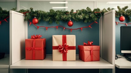 A festive office scene with decorated cubicles, featuring wrapped gifts, Christmas ornaments, and garlands adorning the workspace.