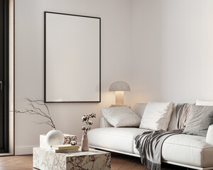 Frame mockup, ISO A paper size. Living room wall poster mockup. Interior mockup with house background. Modern interior design. 3D render
