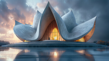 A grand lotus-shaped modern building with reflections at sunset, Generative AI