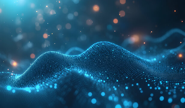 A binary code background with bokeh lights, in a blue color, representing a computer digital screen data concept.