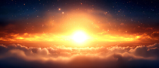 Fototapeta premium Stunning sunrise over the clouds, casting warm orange and golden hues across the horizon.