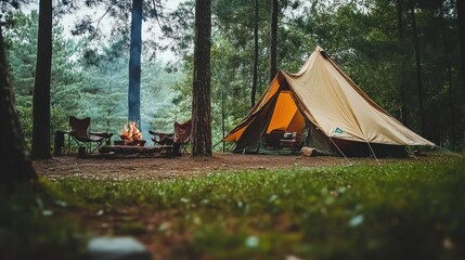 Wilderness Camping - Primitive camping setup deep in the wilderness, surrounded by untouched nature.