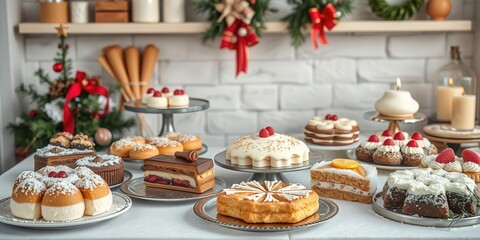 Naklejka premium A festive display of assorted Christmas cakes and desserts on a table with holiday decorations, decoration, seasonal