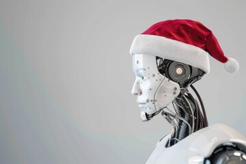 Robot in festive mood: futuristic ai with Christmas Santa hat