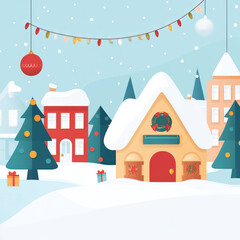 Fototapeta premium festive holiday scene featuring charming winter village with snow covered houses, decorated trees, and colorful ornaments. atmosphere is joyful and inviting