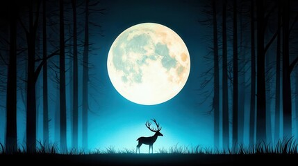 Fototapeta premium A silhouette of a majestic deer standing beneath a full moon in a serene forest landscape.