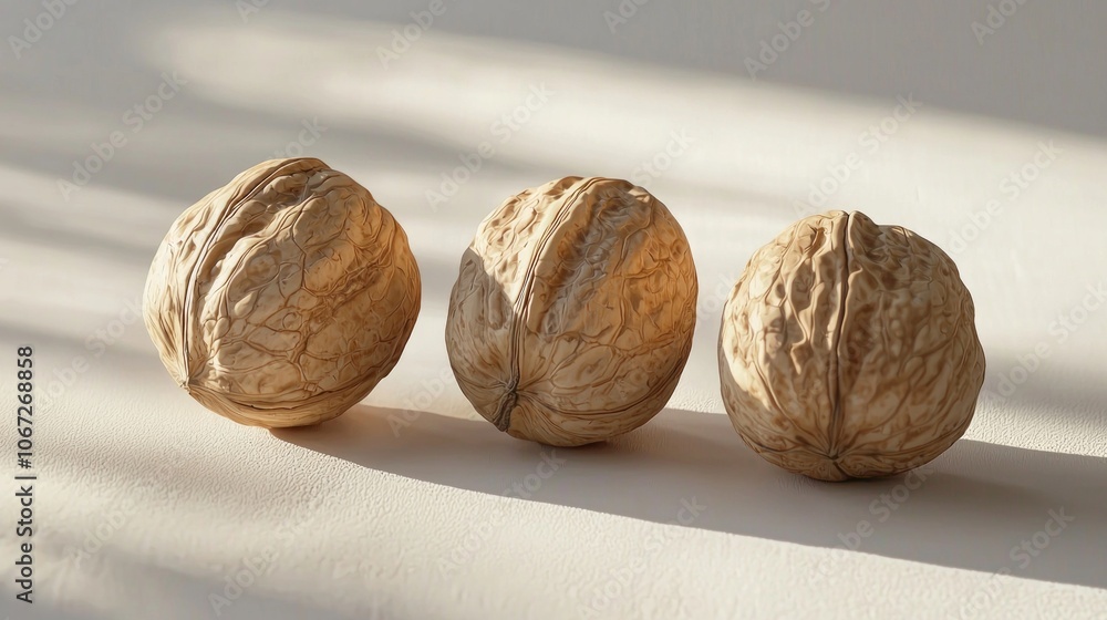 Aufkleber three walnuts are displayed bright surface showcasing their textured shells illuminated low key cont