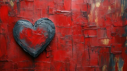 A textured canvas features a striking heart design painted in black and red. The artwork conveys deep emotions, emphasizing themes of love and passion. The rich colors and layered textures create an i
