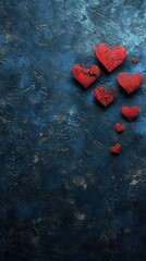 Various red heart shapes are arranged in a scattered pattern against a deep blue textured background, creating a striking visual contrast. The hearts vary in size, adding interest and depth to the ove